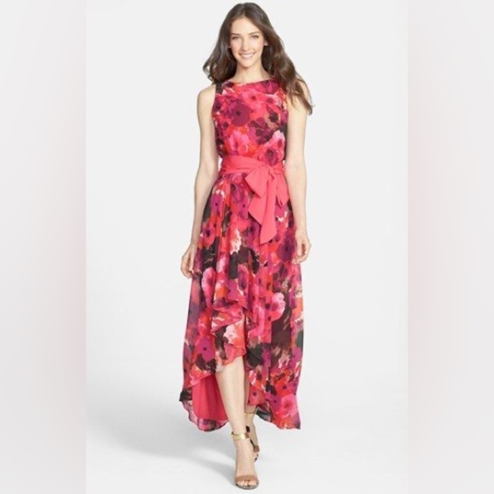 Eliza J Print High Low Chiffon Dress Watercolor Hot Pink Floral size 6